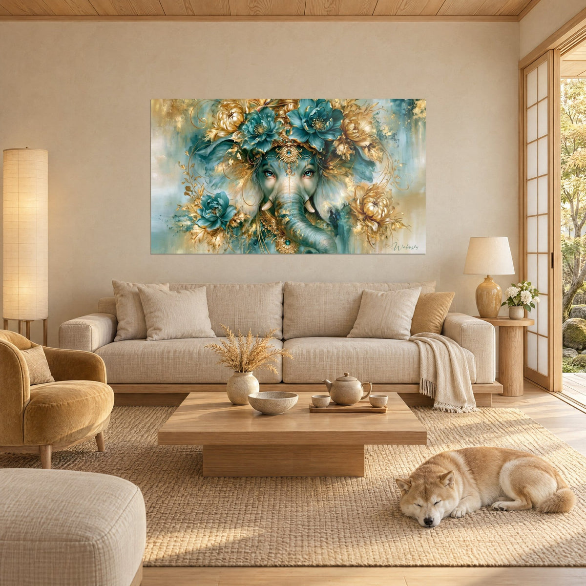 Wall art elephant adorned with turquoise and gold peonies, blue gaze, weathered trunk, reclining Shiba, above a sofa in a bright living room