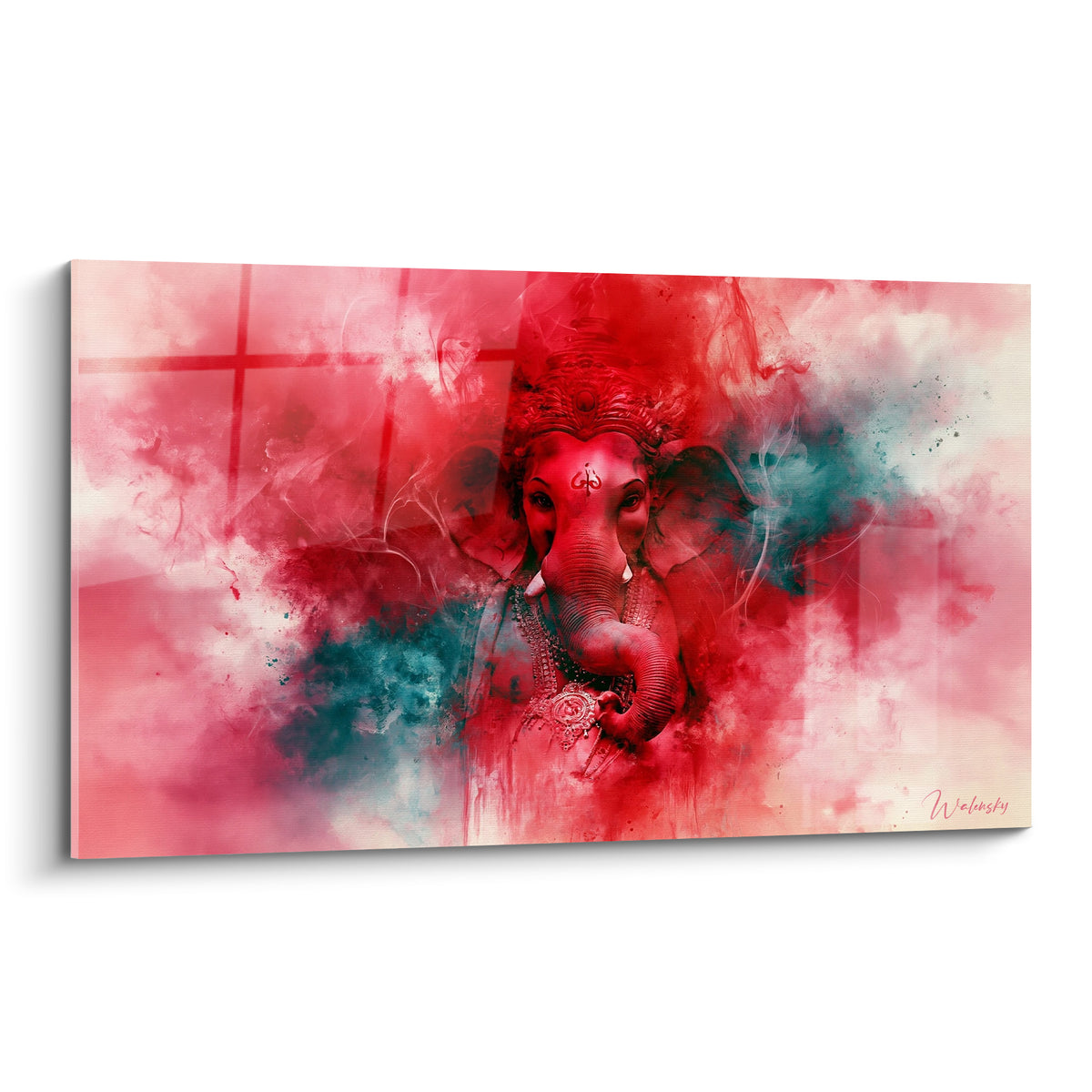 Tableau Ganesh au visage rouge carmin surgissant d'une fumée bleu pétrole, défenses blanches visibles