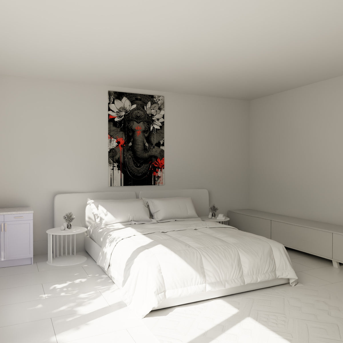 Divinité Ganesh en gris et rouge couronnée de lotus, au-dessus d'un lit dans une chambre claire