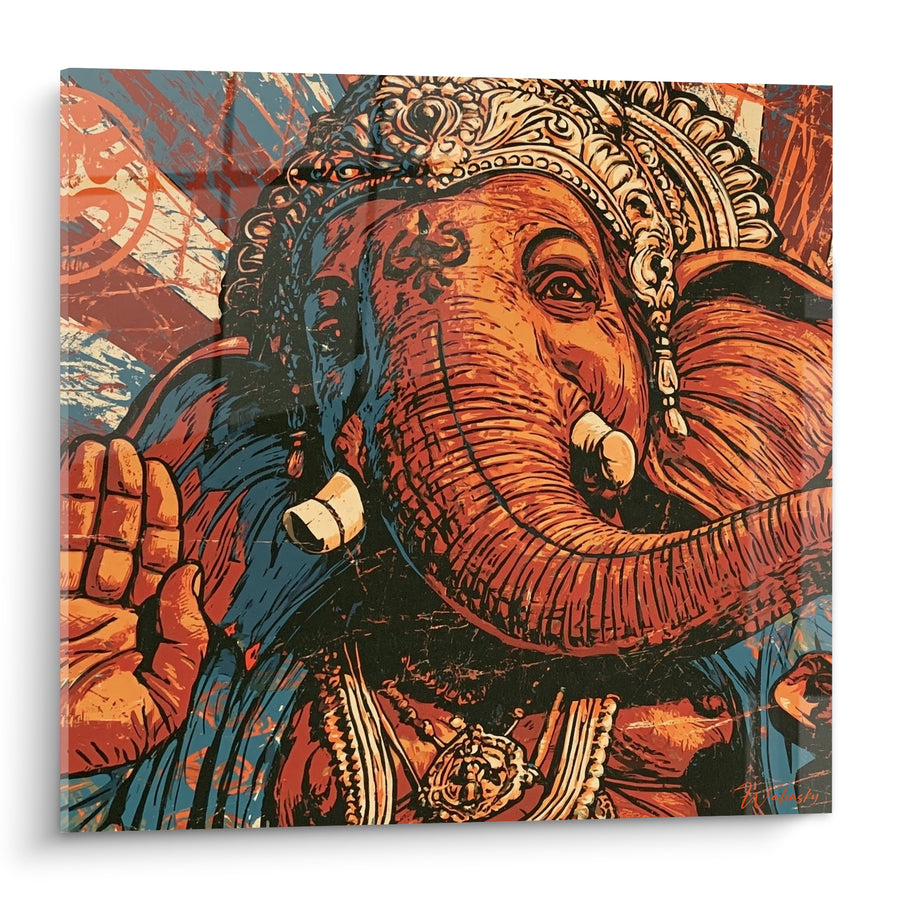 Tableau Éléphant sacré roux et bleu pétrole - Bénédiction divine - Edition Ganesh