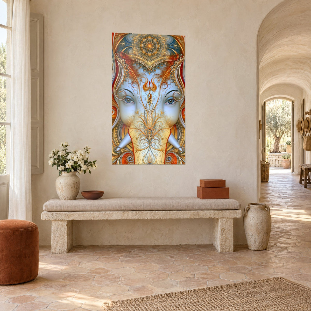 Wall art symmetrical Ganesh with crossed tusks, golden filigree on light blue, above a stone bench in a Provençal farmhouse