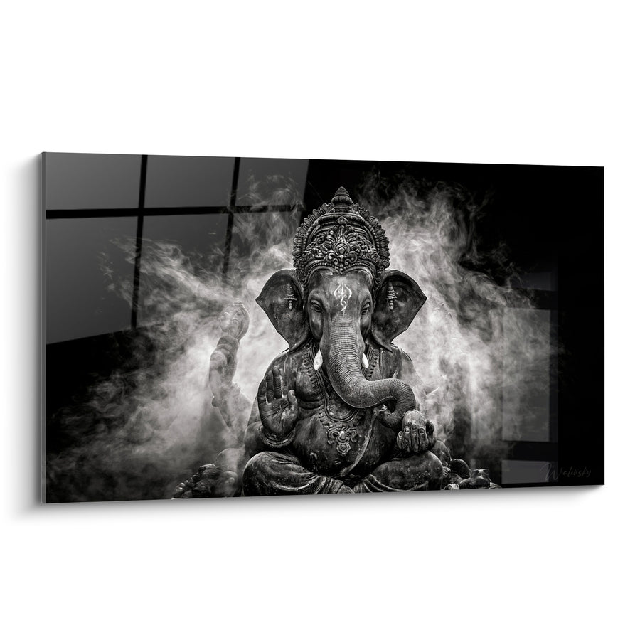 Tableau Statue grise et noire enveloppée de fumée - Méditation dans la brume - Edition Ganesh