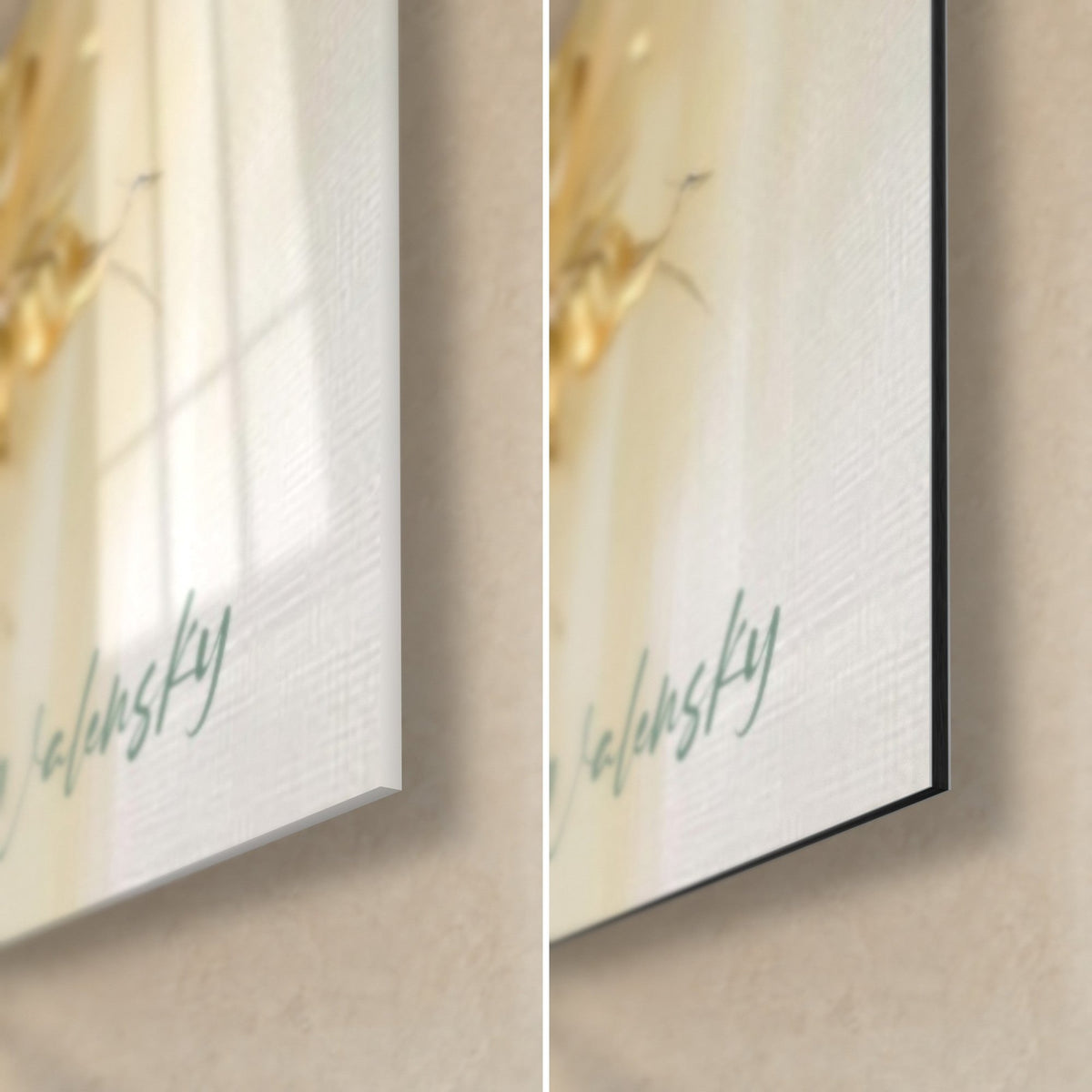 Wall art elephant with turquoise and gold flowers, bottom right corner: glossy acrylic glass on the left, matte Dibond aluminum on the right, 3 mm edge