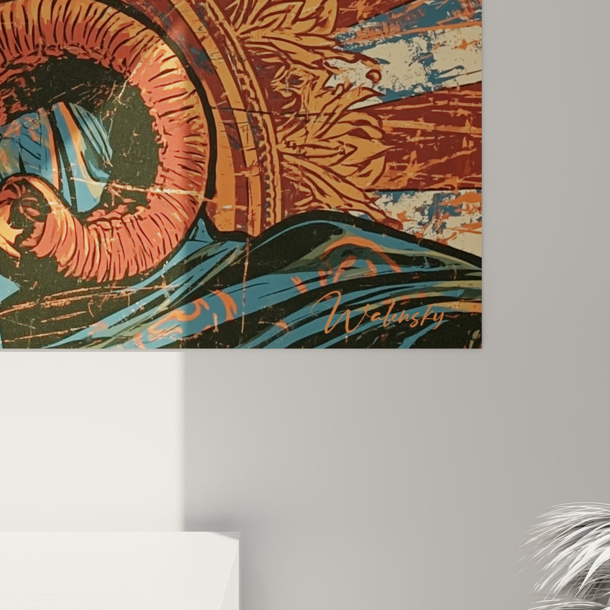 Trame graphique de Ganesh, textures craquelées entre orange vif et bleu grisé visibles de près