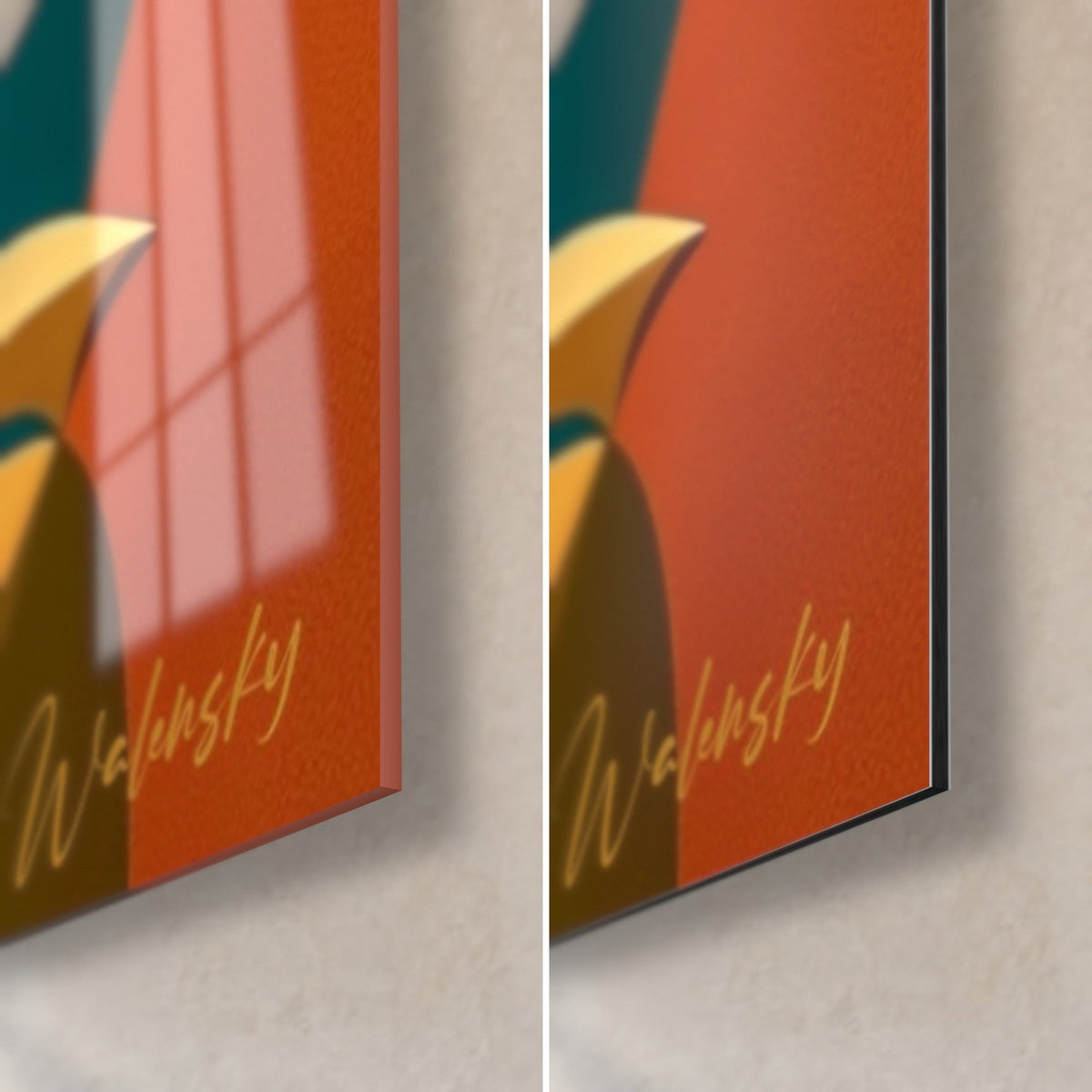 Wall art elephant deity, bottom right corner: glossy glass with window reflections on the left, matte terracotta Dibond on the right, 3 mm thickness