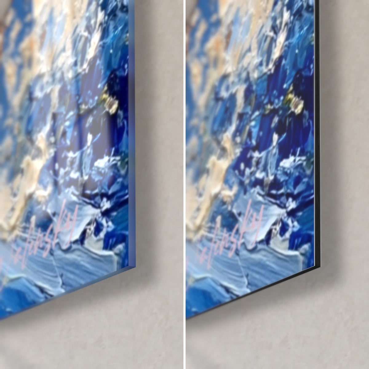 Wall art brown elephant deity in a sapphire turban, bottom right corner: glossy acrylic glass on the left, matte Dibond on the right