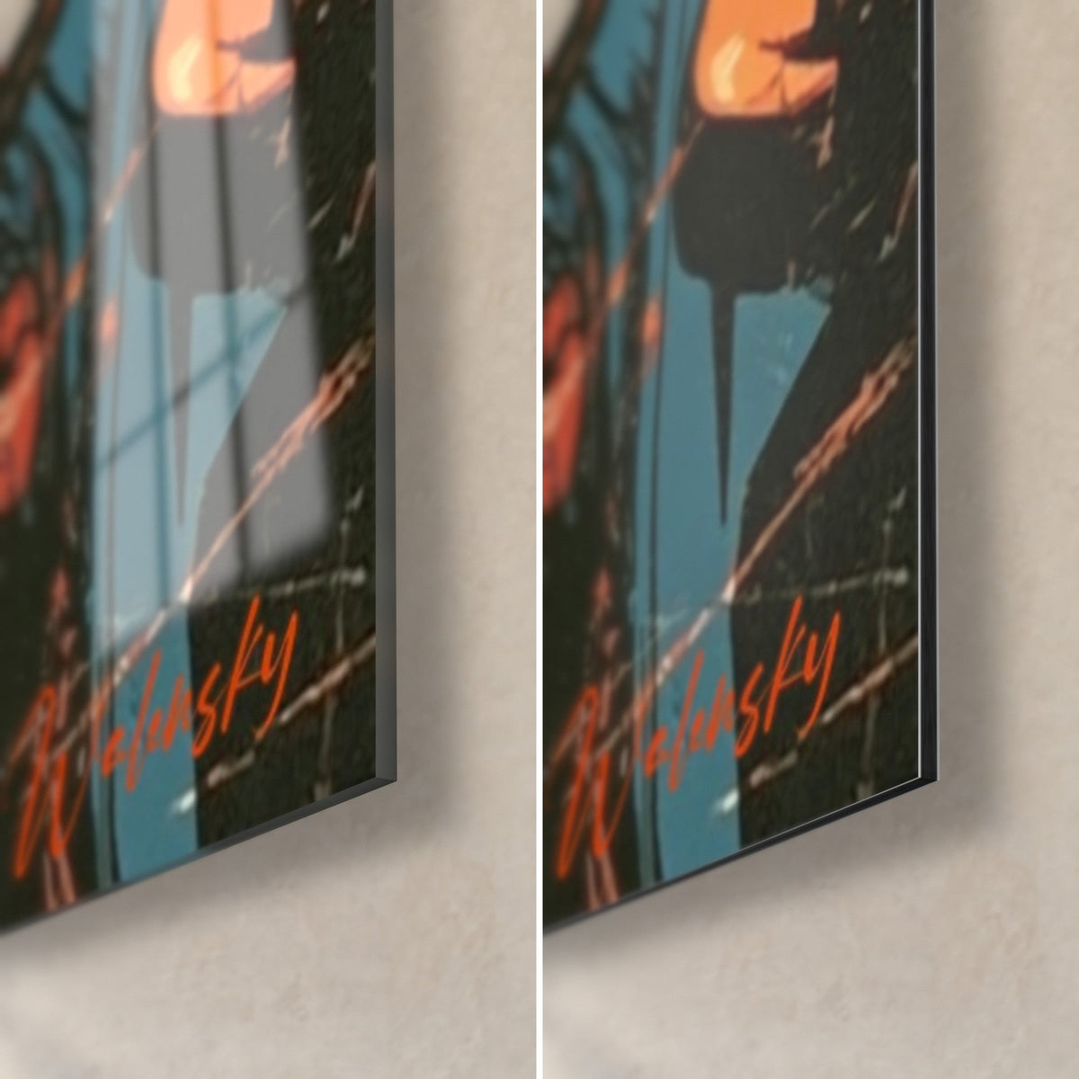 Wall art elephant deity, bottom right corner: glossy acrylic glass on the left, matte Dibond on the right, 3 mm edge, orange and blue