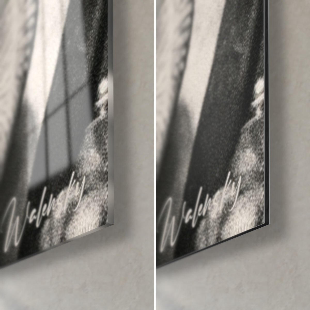 Obraz Ganesha monochromatyczny, prawy dolny róg: błyszczące szkło akrylowe z srebrnymi refleksami, matowe czarne aluminium Dibond, cienka krawędź 3 mm