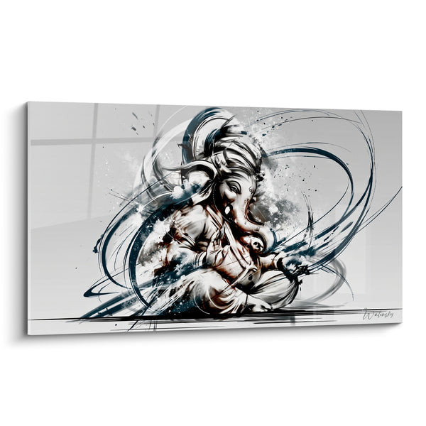 Tableau Ganesh gris et bleu marine aux volutes tourbillonnantes - Trompe repliée sur genoux - Edition Ganesh