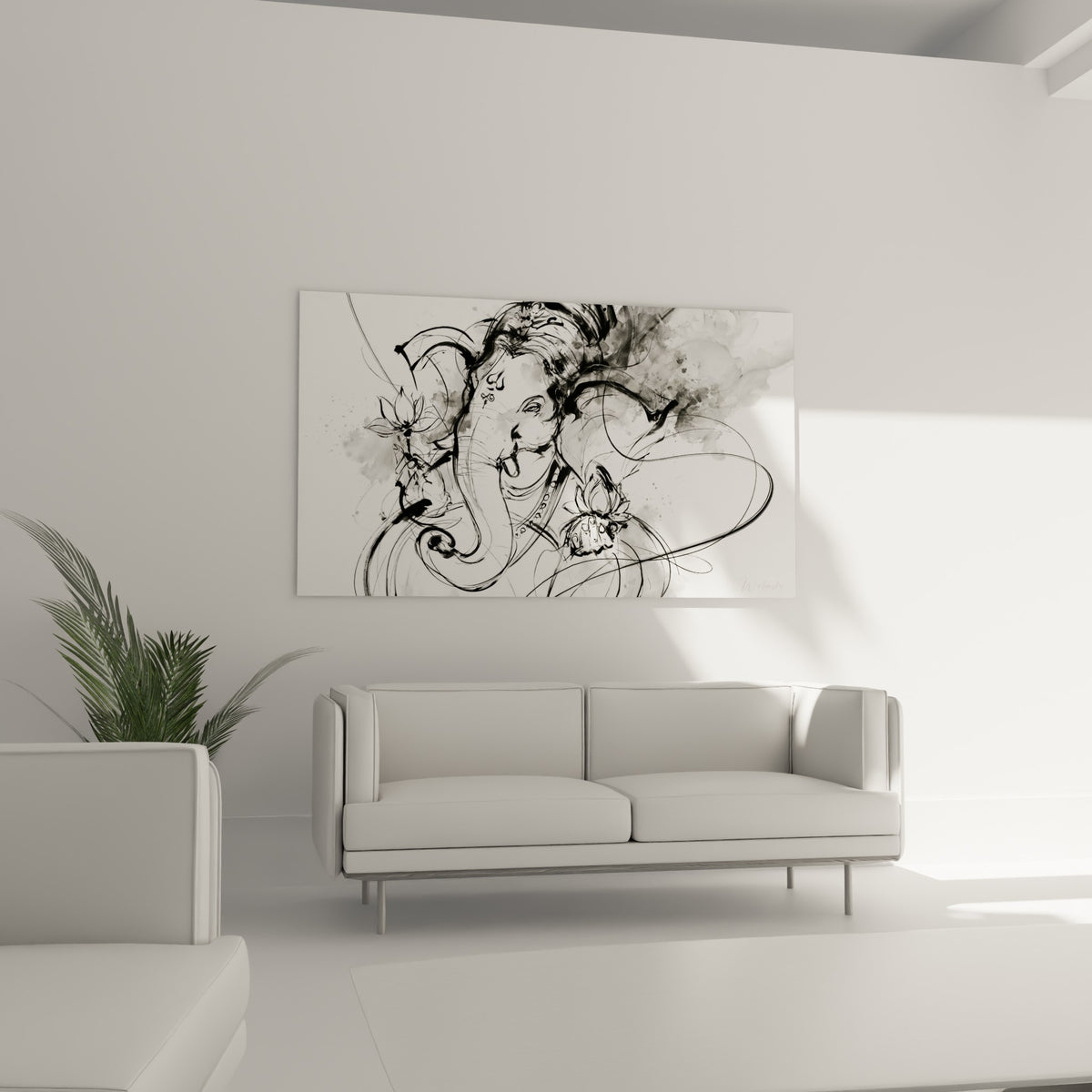 Silhouette de Ganesh esquissée en noir et gris fumé, au-dessus d'un canapé dans un salon lumineux