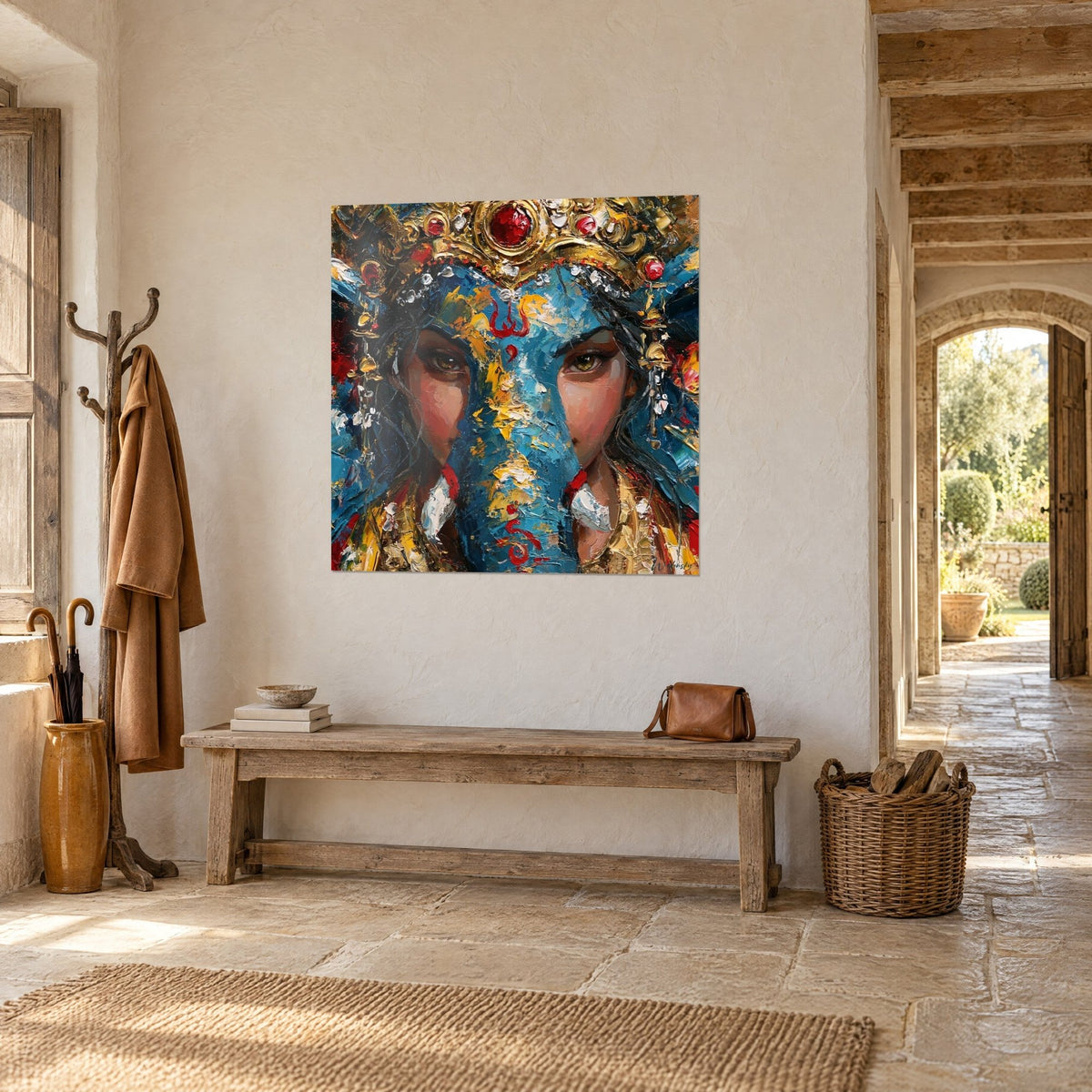 Wall art sacred elephant god painted with a palette knife, blue forehead running into saffron yellow and a red motif, hung in a stone entryway
