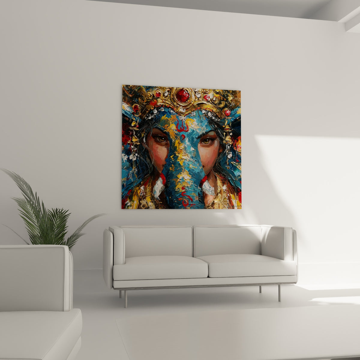 Ganesh à la trompe bleue et couronne dorée, suspendu au-dessus d'un canapé dans un salon lumineux