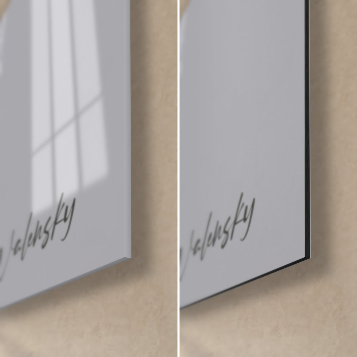 Schilderij van de godheid met slurf, rechtsonder: glanzend acrylglas links, mat zwart Dibond-aluminium rechts, handtekening Walensky