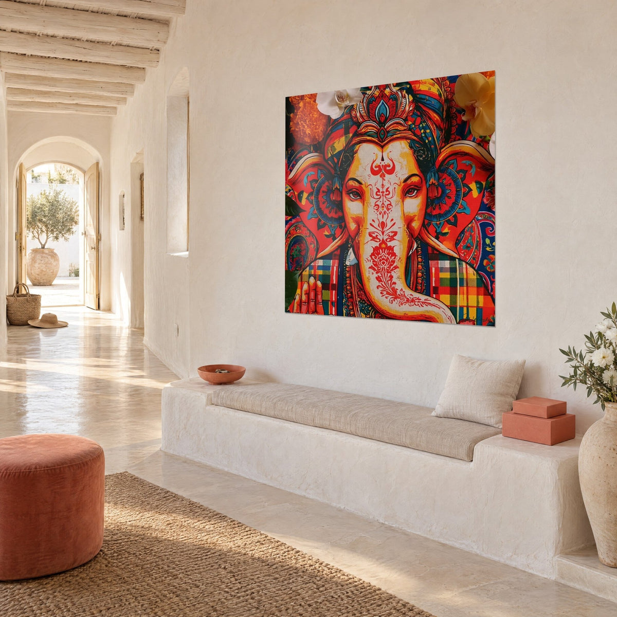 Wall art sacred elephant with large bright red ears, blue paisley patterns and white orchid blooms, light whitewashed wall