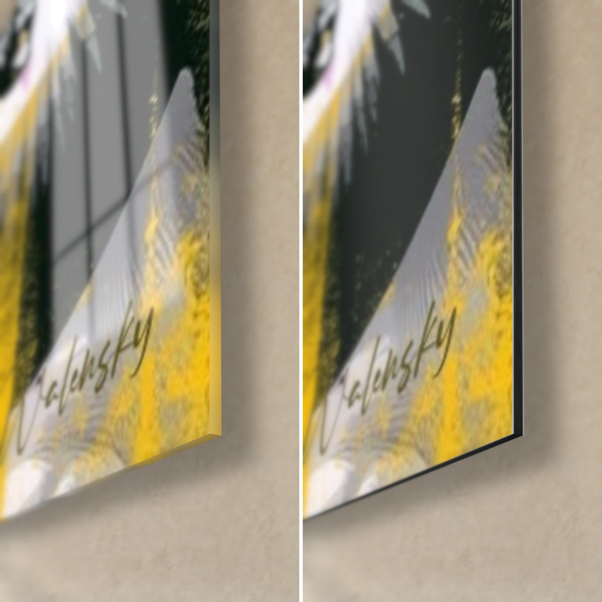 Wall art Ganesh in bright yellow and black blocks, bottom right corner: glossy acrylic glass on the left, matte Dibond aluminium on the right, 3 mm edge