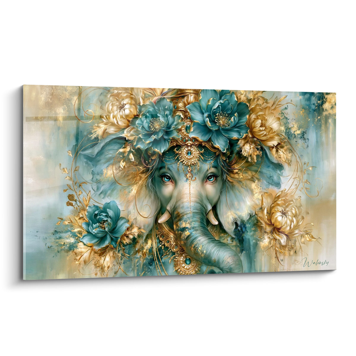 Ganesh au regard bleu, parure florale turquoise et dorée, bijoux ciselés sur fond ocre texturé
