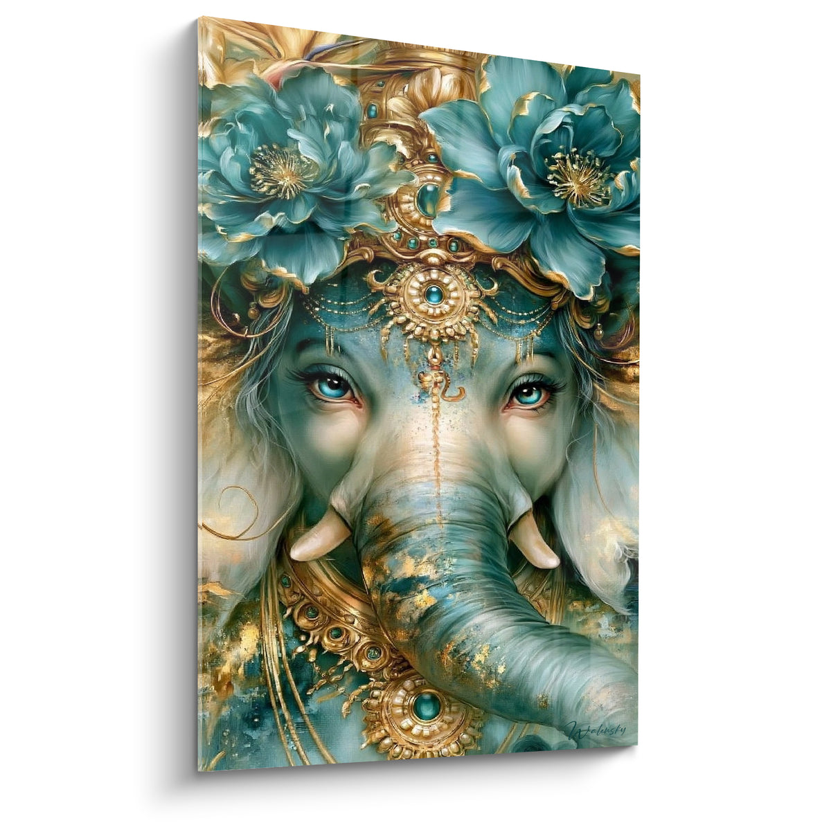 Ganesh turquoise et or, regard bleu perçant, fleurs et bijoux dorés en pleine composition