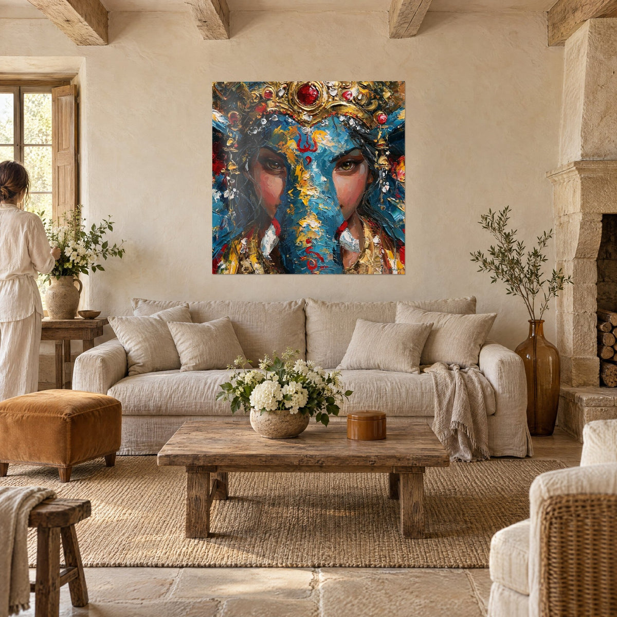 Wall art Ganesh with azure blue trunk and gold crown set with rubies, two made-up eyes, above a sofa in a bright living room