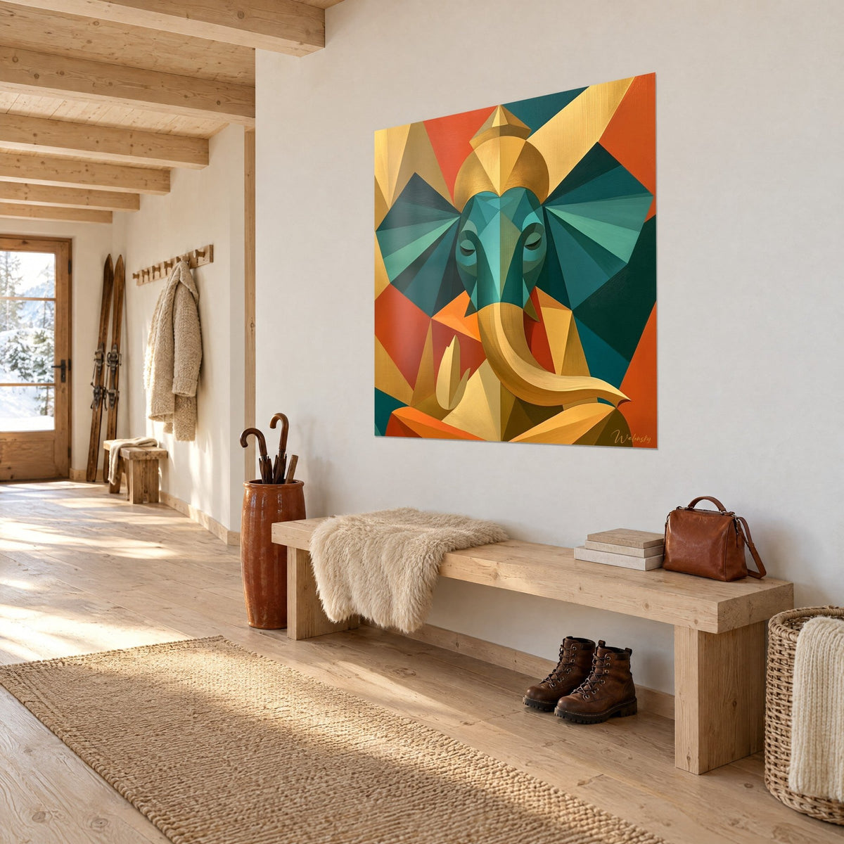 Wall art cubist elephant with closed eyes, turquoise and ochre facets on a burnt orange background, facing a light wood bench in the chalet