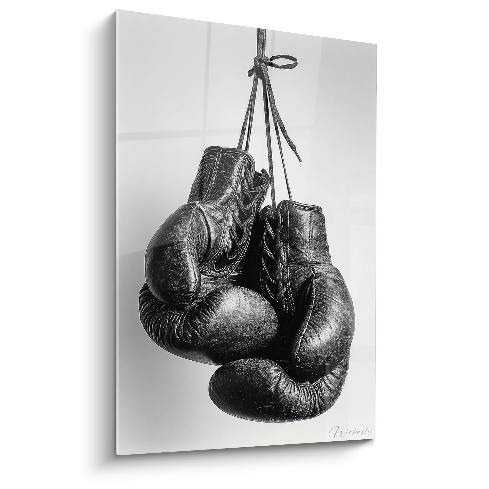 Tableau gants de boxe suspendus noir et blanc, décoration murale sportive moderne pour intérieur contemporain