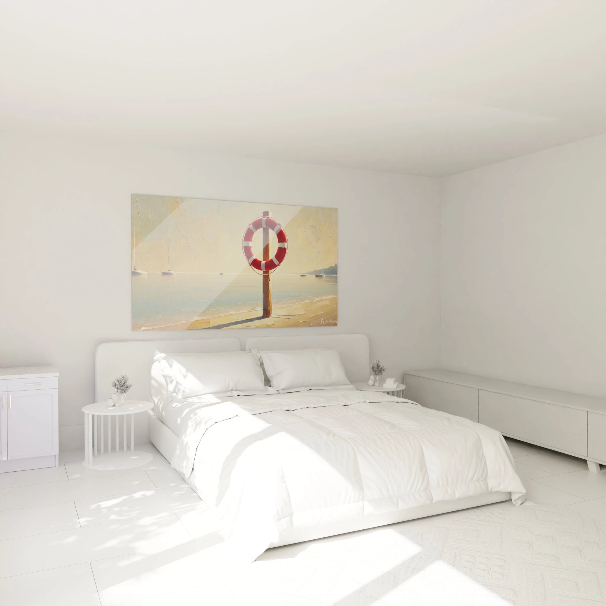 Tableau marin accroché dans une chambre au dessus du lit apportant une ambiance apaisante et chaleureuse rappelant la sécurité et l immensité de l océan propice au repos

