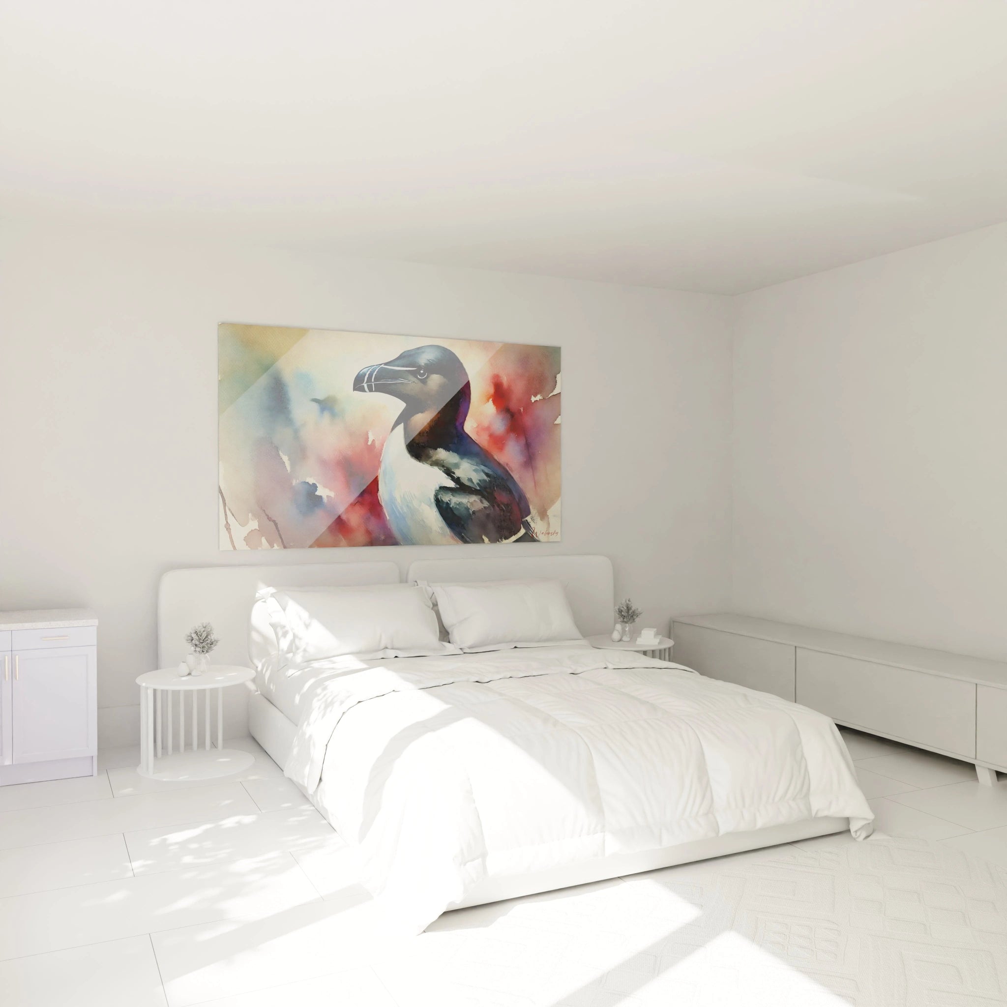 accroché au mur dans une chambre, ce tableau mouette transforme l'espace. Ses teintes de bleu et blanc apportent une ambiance apaisante, parfaite pour un décor serein et harmonieux

