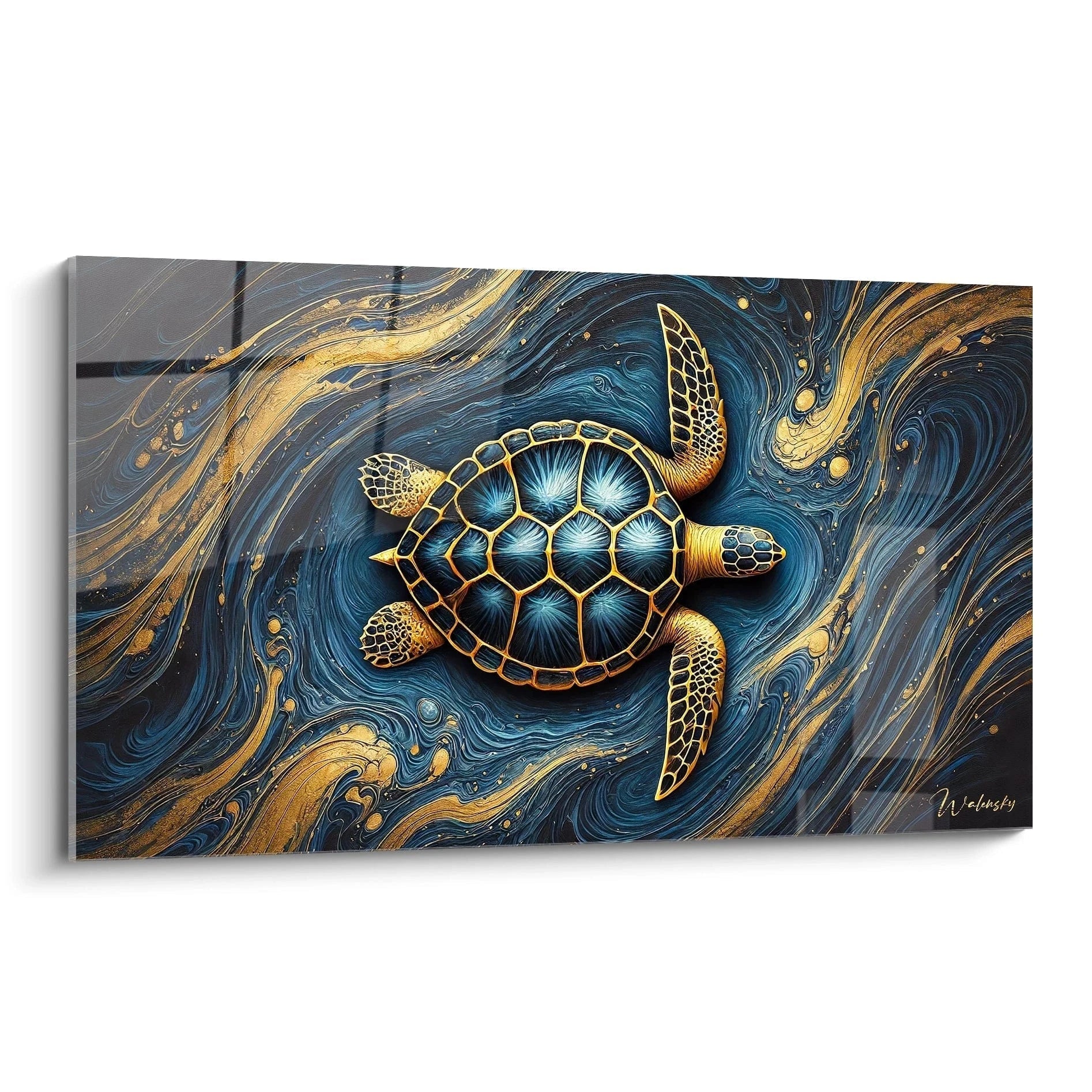 Admirez le tableau tortue de mer sous un angle unique, révélant la finesse des détails et la richesse des couleurs dorées et bleues, idéal pour une décoration moderne et apaisante.