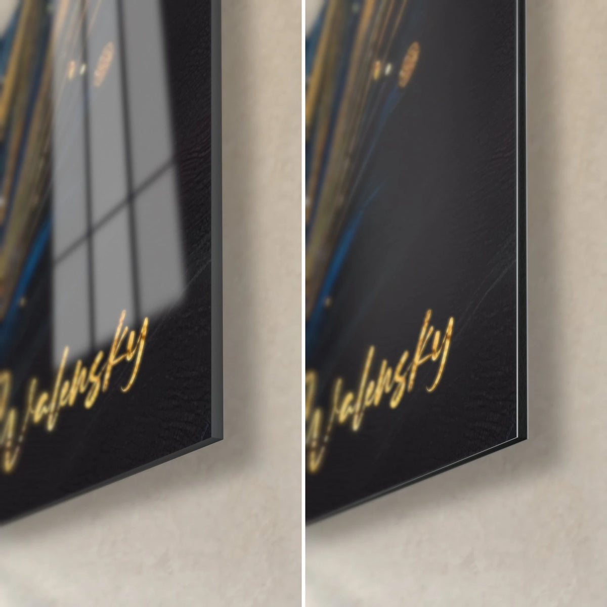Wall art marine reptile, gold Walensky signature on a midnight blue ground, bottom right corner in glossy glass and matt Dibond