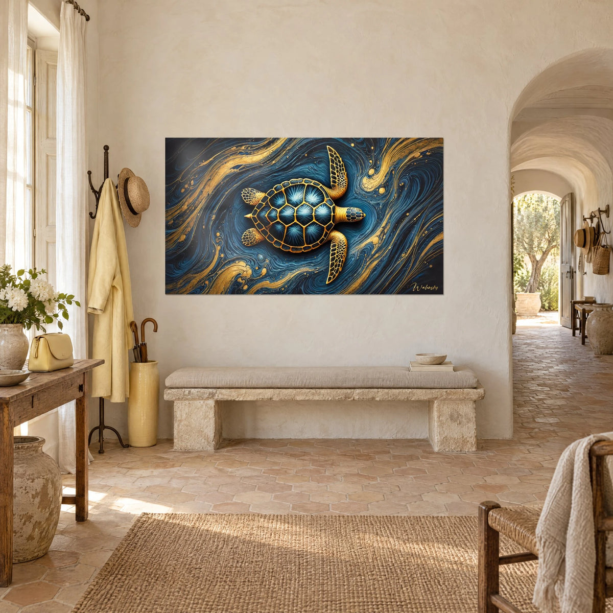 Wall art gilded turtle seen from above, ochre honeycomb flippers, indigo and gold whirls, on a wall of a Provençal farmhouse