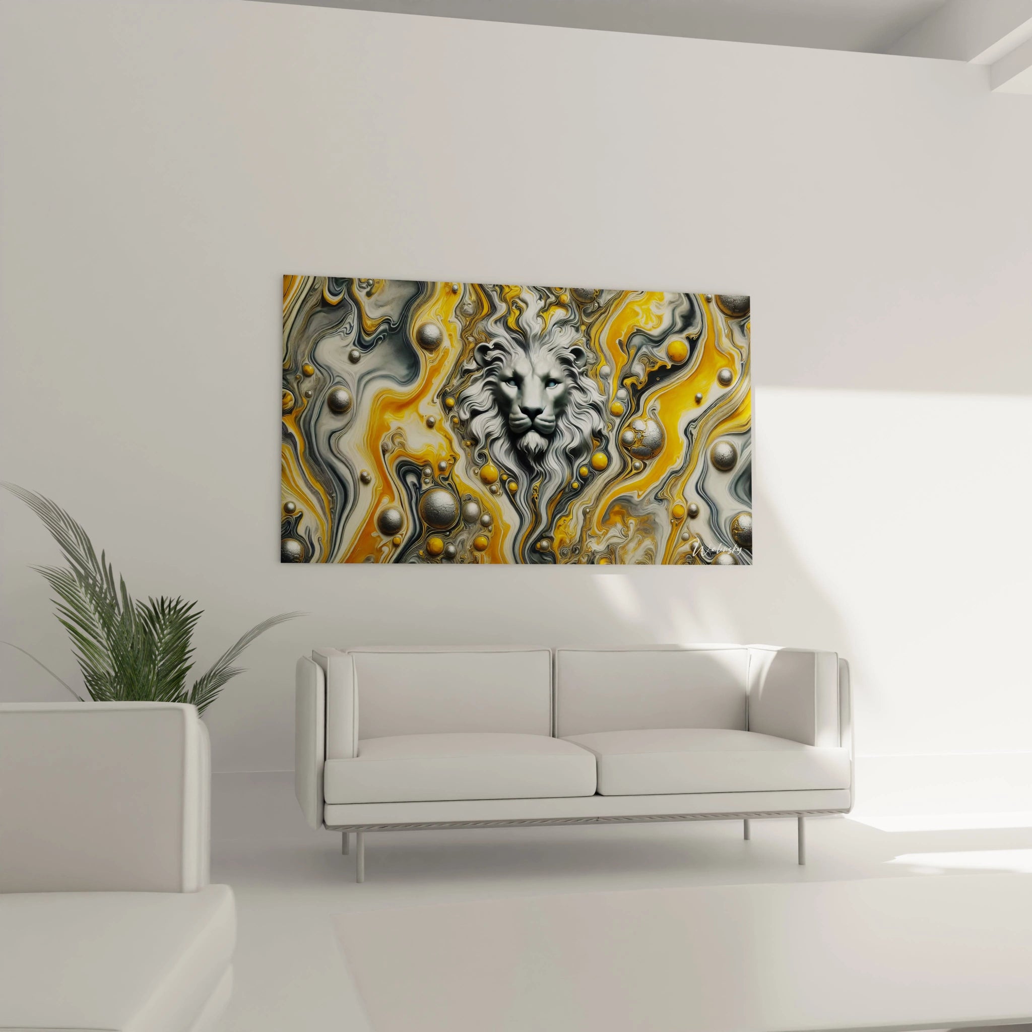 Le tableau style epoxy, accroché au-dessus du canapé, transforme le salon en un espace dynamique. Le lion, entouré de tourbillons dorés et argentés, domine la pièce avec élégance.

