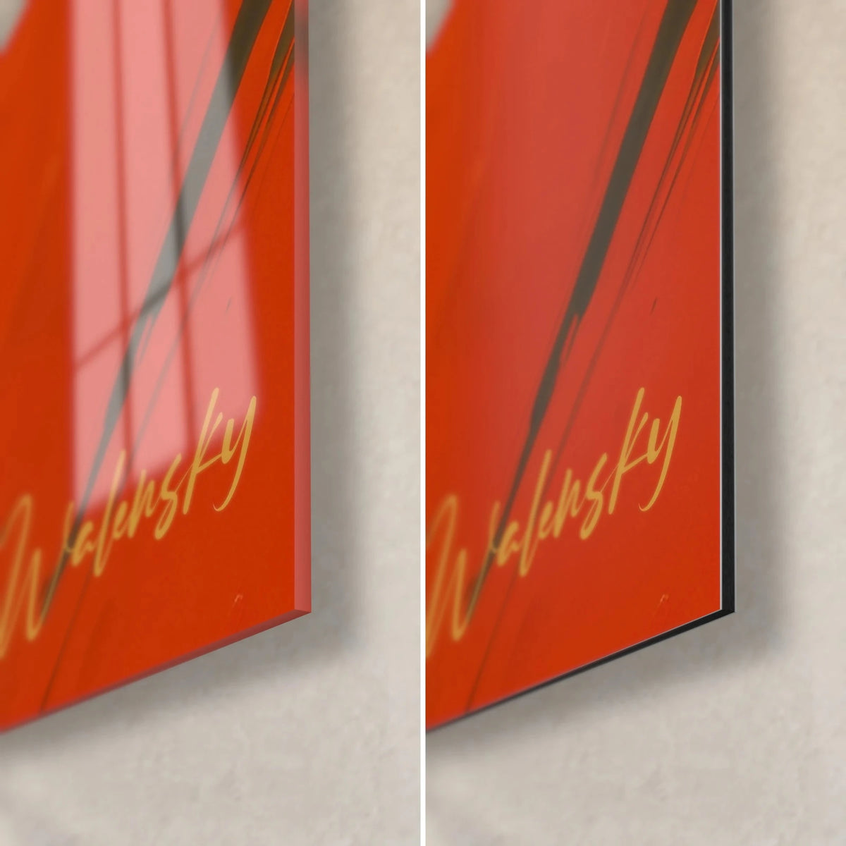 Wall art Japanese ogre, bottom right corner: gold Walensky signature on vermilion red, glossy glass and matte black 3 mm Dibond
