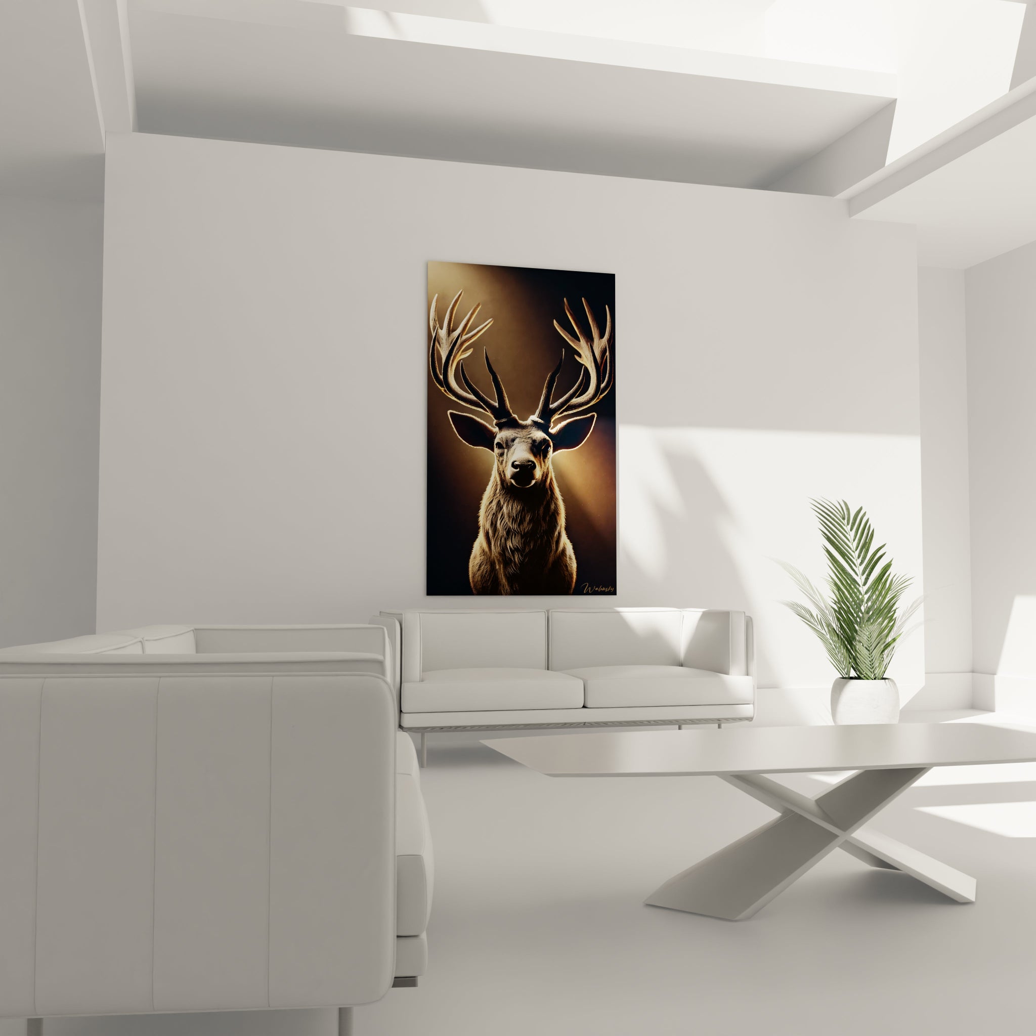 tableau cerf installé dans un salon au-dessus d’un canapé la lumière dorée et les textures réalistes ajoutent une touche de sophistication et de sérénité à l’espace

