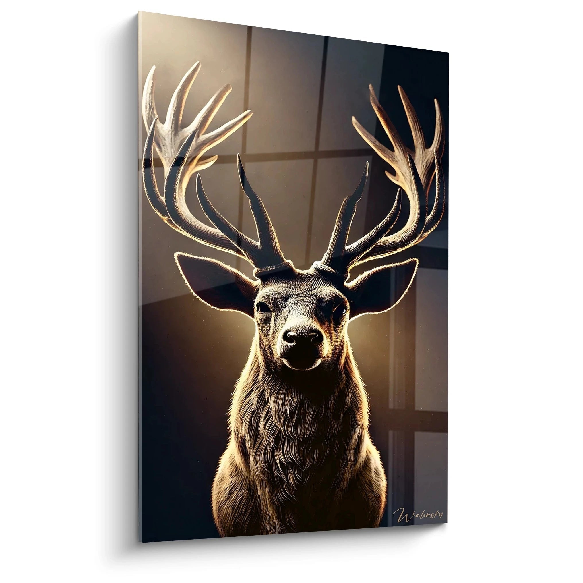 tableau cerf vu de biais avec des tons marron beige et or il capture la lumière douce et met en valeur l’élégance des bois dans une ambiance chaleureuse et minimaliste

