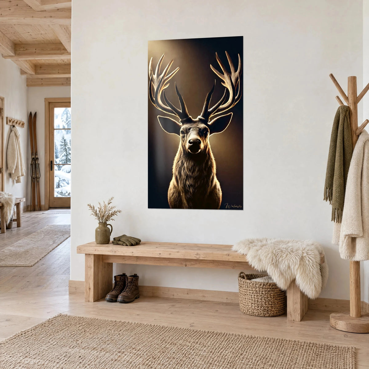 Wall art of the forest king seen head-on, golden antlers fanning out, tawny coat and black muzzle, in a light-filled chalet, three-quarter view