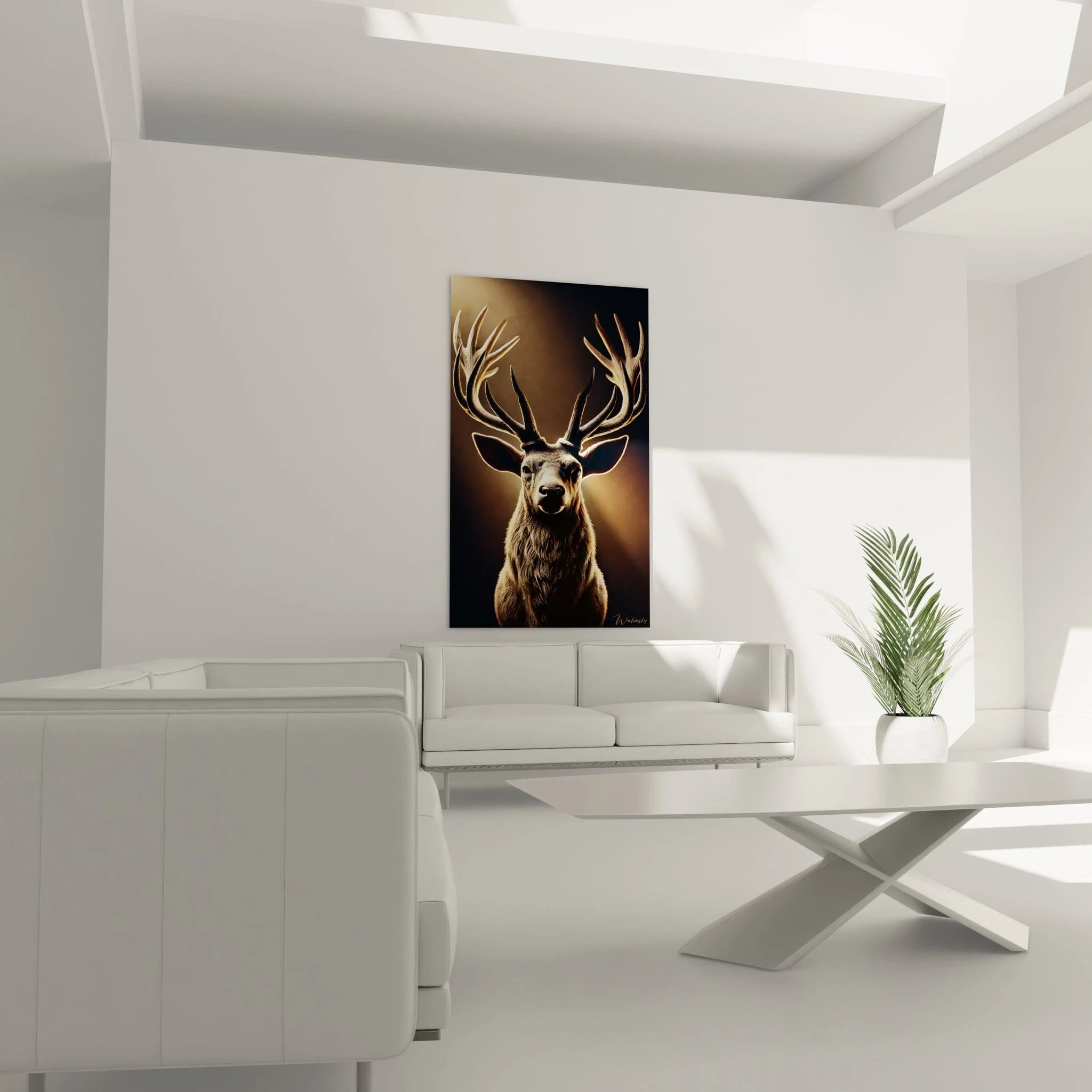 tableau cerf installé dans un salon au-dessus d’un canapé la lumière dorée et les textures réalistes ajoutent une touche de sophistication et de sérénité à l’espace

