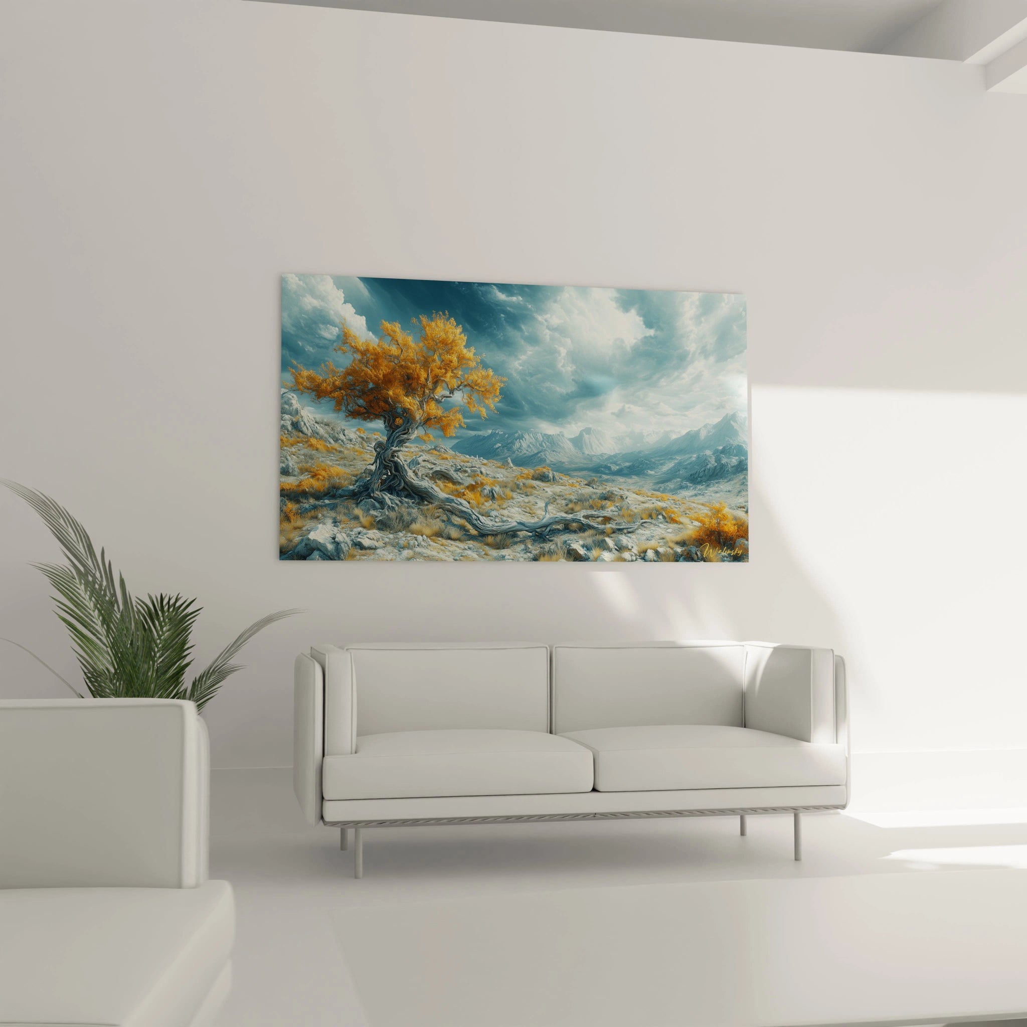 Représentation artistique d'un tableau montagne où un vieil arbre aux branches dorées se dresse devant un paysage alpin dramatique sous un ciel tourmenté
