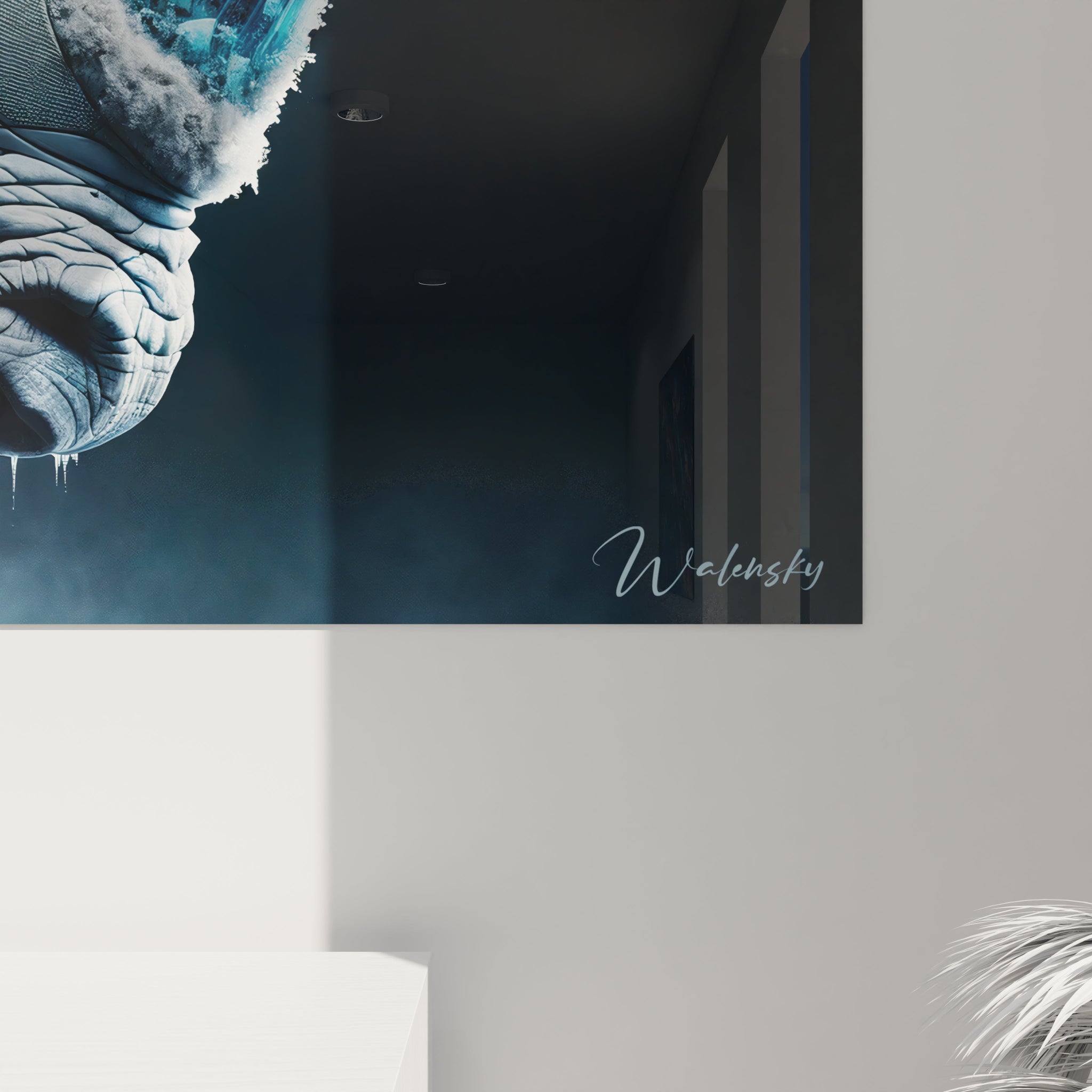 Un tableau d'animal représentant un rhinocéros de profil avec une conception biomécanique en blanc et bleu pâle. Des éléments technologiques sont intégrés au corps principalement sur l'épaule et le flanc. La texture granuleuse de la peau est détaillée avec précision, tandis que la corne bleu turquoise semble faite d'un matériau cristallin brillant sur fond noir.
