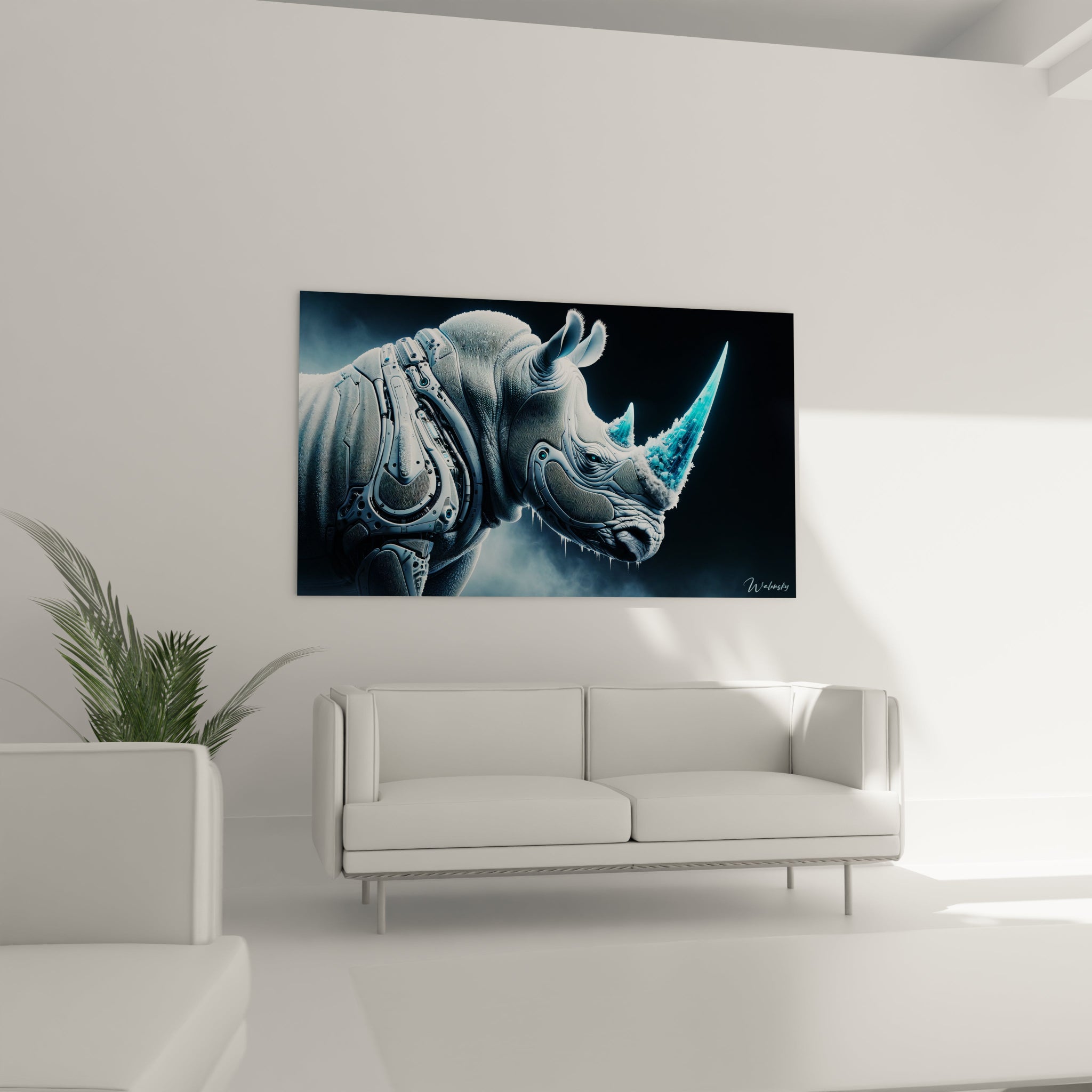 Un tableau d'animal montrant un rhinocéros hybride aux allures cybernétiques. Les teintes dominantes sont le gris clair et le bleu glacé. La texture alterne entre une peau rugueuse et des plaques mécaniques lisses. La corne turquoise translucide et brillante évoque un cristal de glace, tandis que des brumes légères entourent l'animal.
