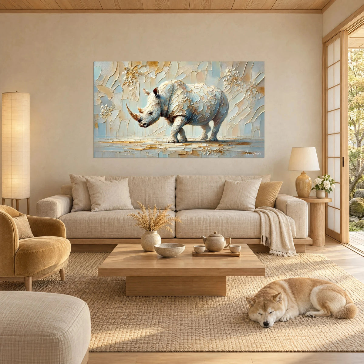 Quadro rinoceronte avorio con corno dorato, coltello azzurro pallido e oro, shiba addormentato, sopra un divano in un soggiorno luminoso