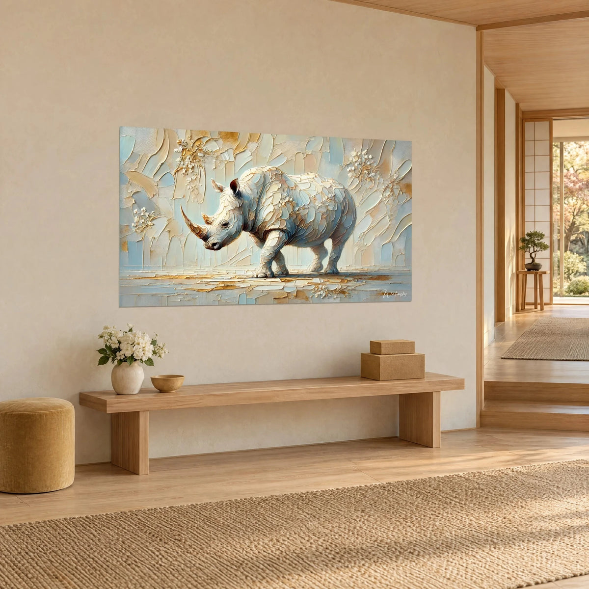 Quadro pachiderma bianco sporco in pasta spessa, fondi azzurro cielo e oro, panca di legno in tre quarti, corridoio japandi
