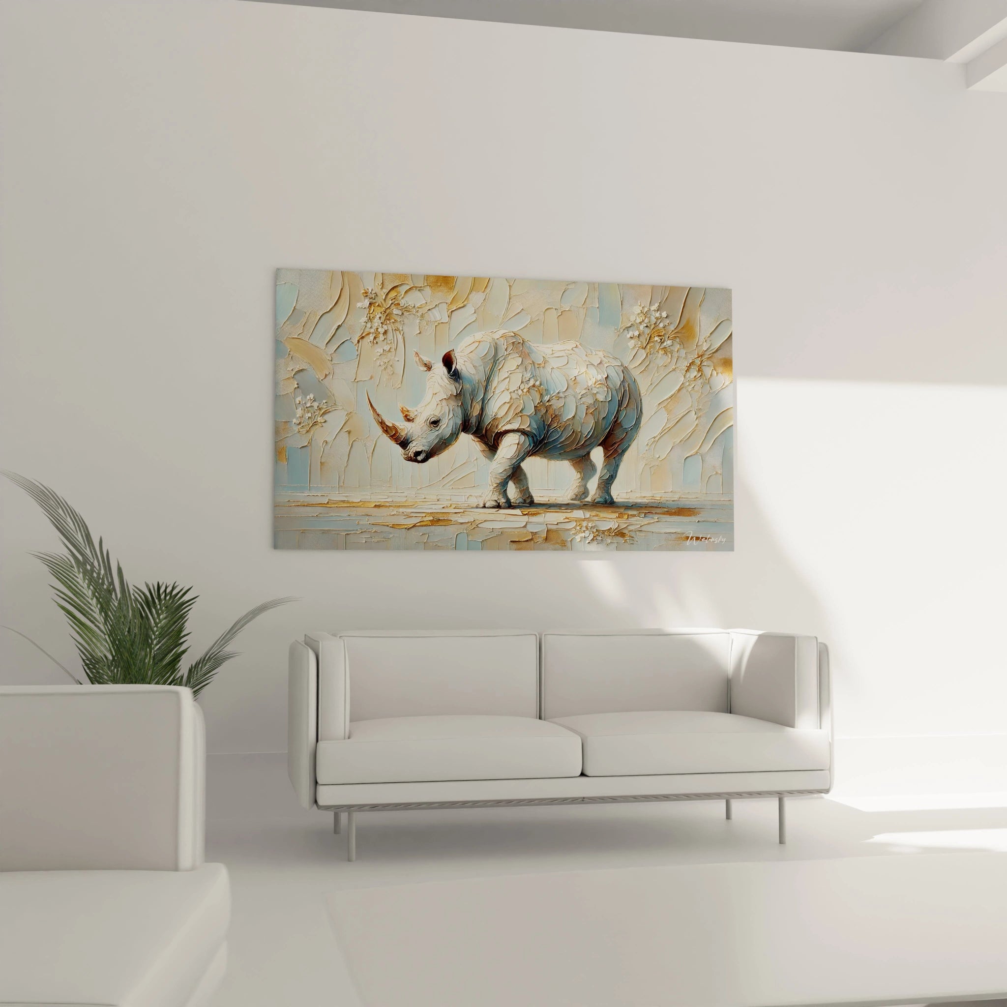 Le tableau rhinoceros orne le mur du salon, juste au-dessus du canapé. Sa texture riche et ses nuances apaisantes en font une pièce maîtresse captivante dans votre décor.

