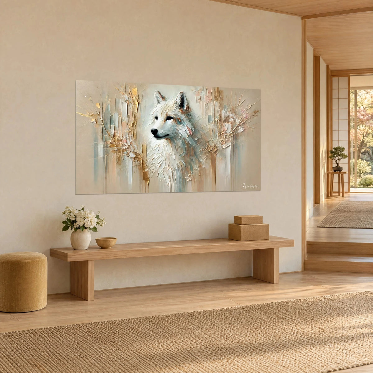 Gemälde Porträt eines Polarhundes mit eisblauen und honigfarbenen Reflexen, an einer beigen Wand über einer Holzbank