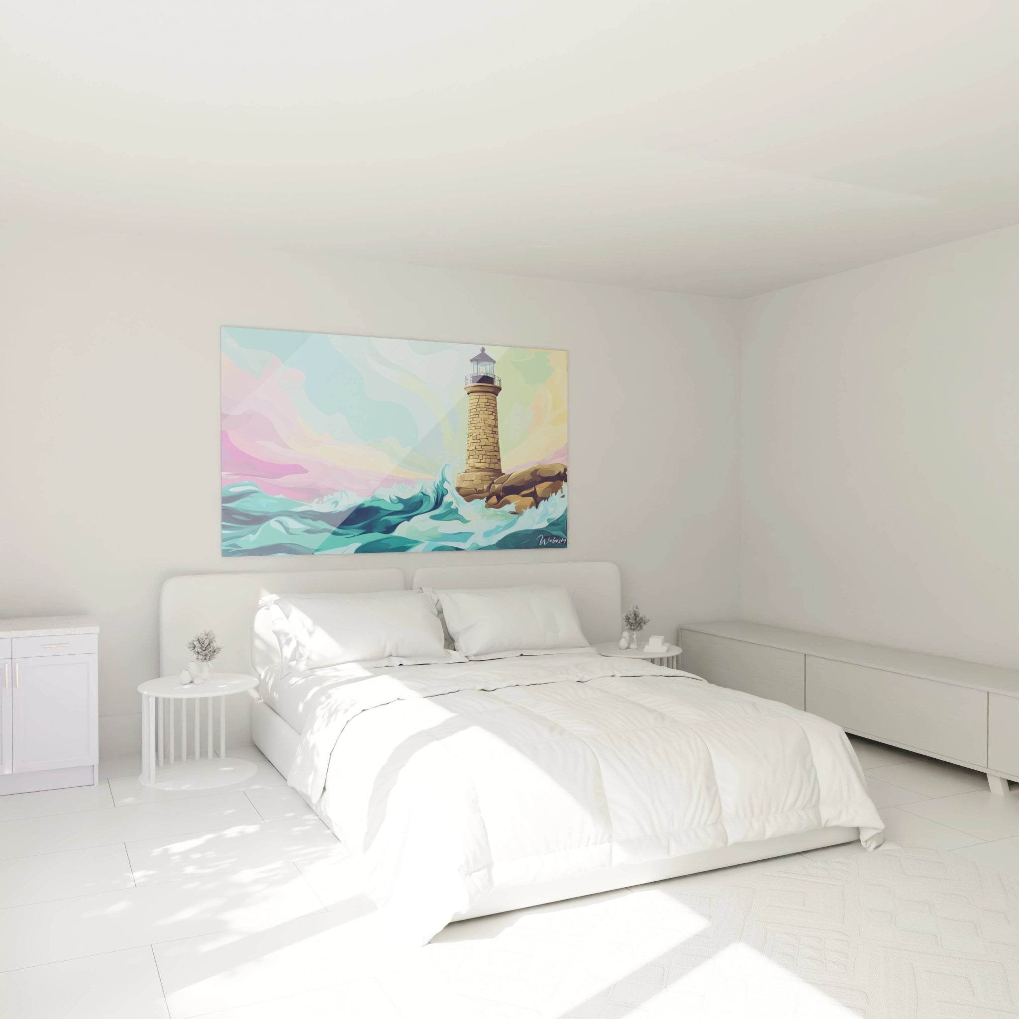 Un tableau phare côtier artistique montrant une structure verticale en pierre sur une formation rocheuse, avec des vagues stylisées en bleu-turquoise qui s'écrasent à sa base, sous un ciel aux dégradés doux de rose et bleu, dans un style contemporain aux formes fluides et colorées.
