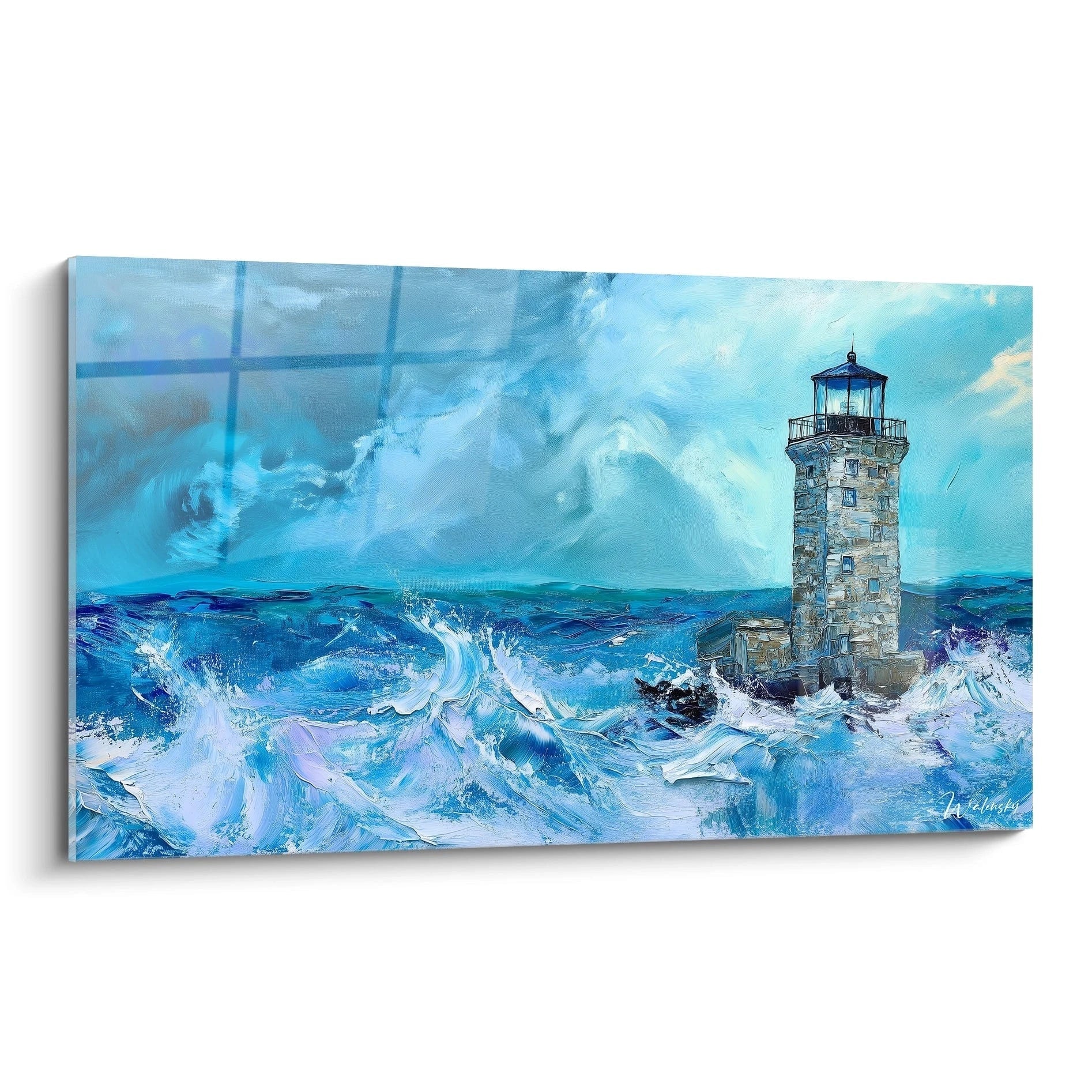 Tableau phare maritime avec structure en pierre beige entourée de vagues bleues tumultueuses, montrant une mer déchaînée avec écume blanche et ciel aux nuances de bleu, capturant le contraste entre la solidité du phare et la force de l'océan.
