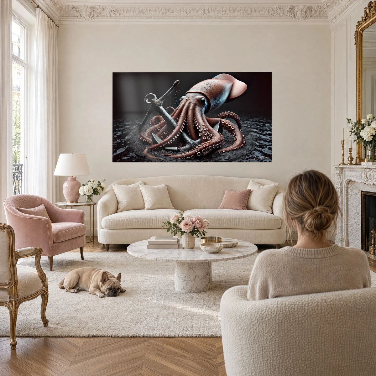 Tableau calamar géant enlaçant une ancre rouillée, tentacules rosés sur eau noire, au-dessus d'un canapé dans un salon lumineux