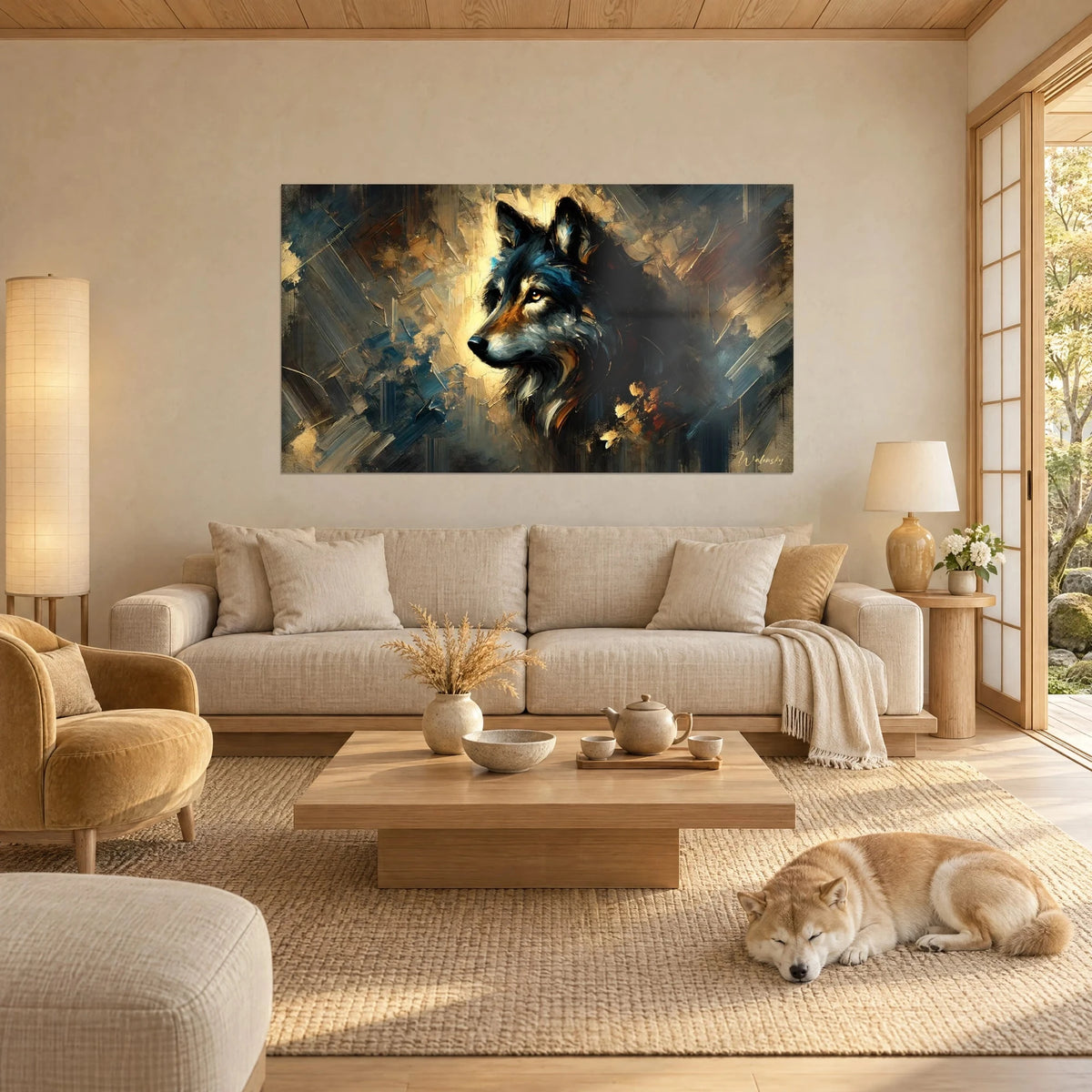 Gemälde Wolf in Schwarz mit bernsteinfarbenen Augen, Akzente in Nachtblau und Gold, schlafender Shiba auf dem Teppich, über einem Sofa in einem hellen Wohnzimmer