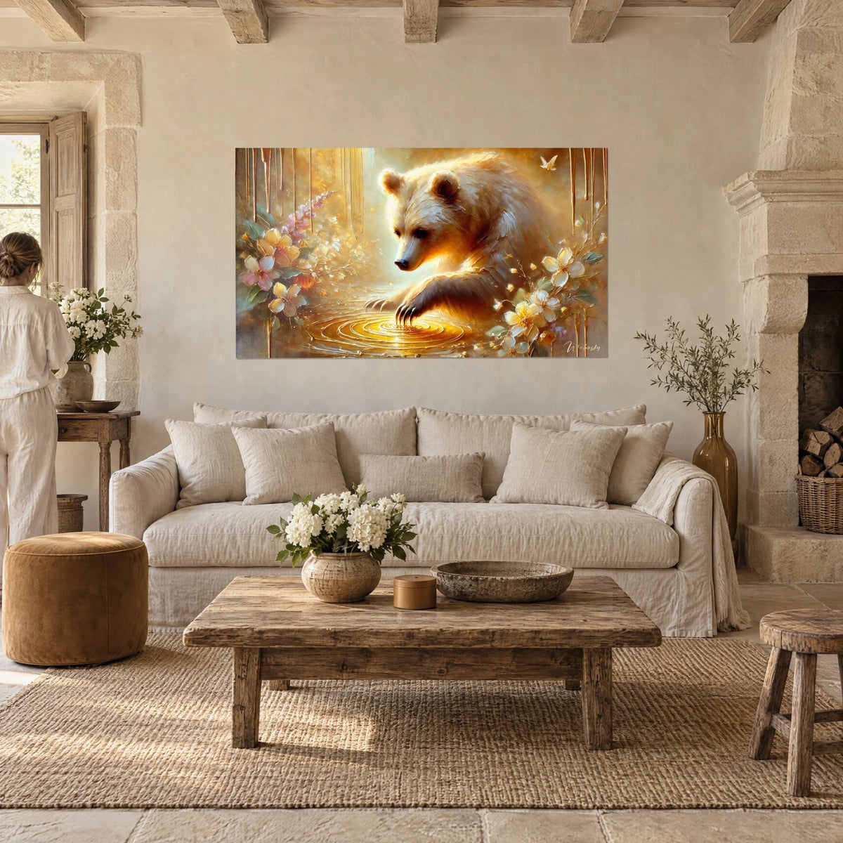 Wall art Blonde bear cub brushing a pool of golden honey, pink and ivory flowers, above a sofa in a bright living room