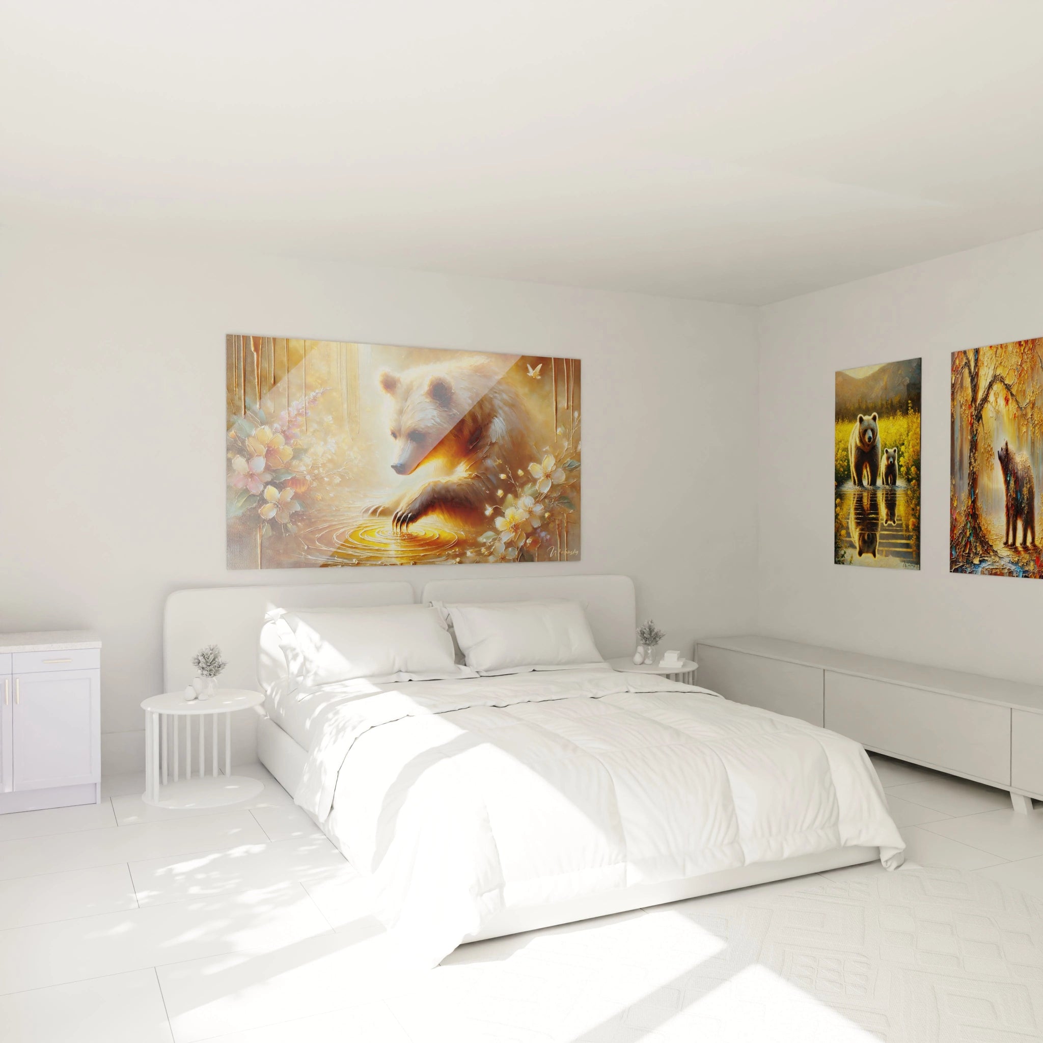 Le tableau ours brun apporte serenite a cette chambre, suspendu au-dessus du lit. Ses couleurs douces et sa lumiere doree creent une ambiance apaisante et harmonieuse.
