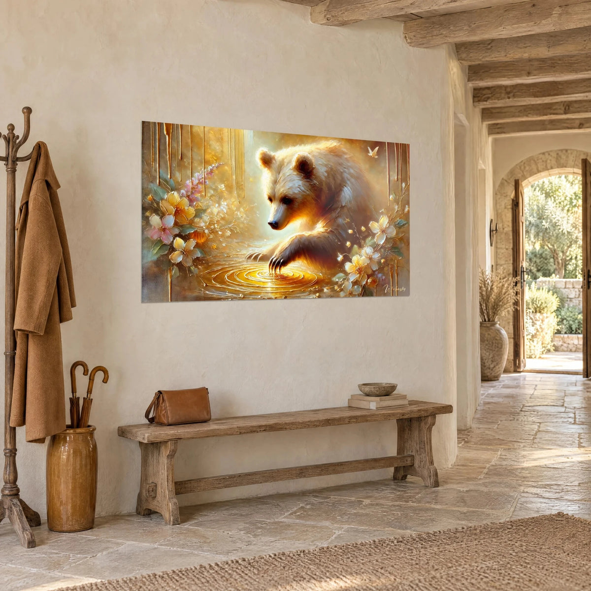 Wall art Plantigrade with cream-colored coat, clawed paws in amber honey ripples, pale petals, three-quarter view in the entryway