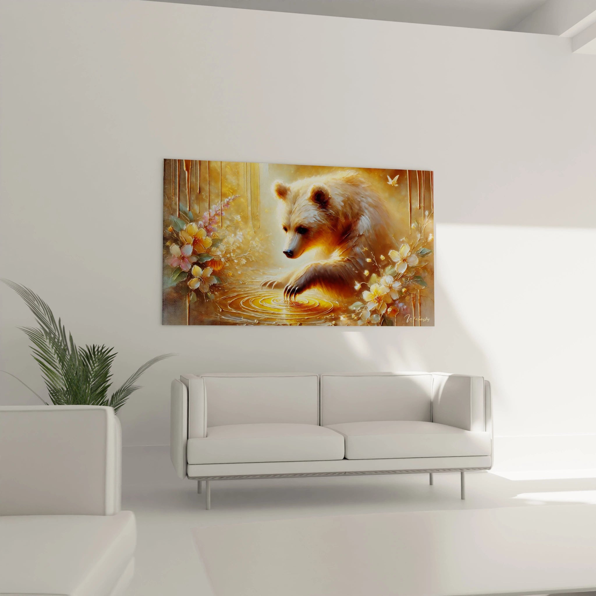 Accroche au-dessus du canape, ce tableau ours brun enrichit le salon d’une touche naturelle et elegante. Il illumine l’espace avec ses tons chaleureux et son atmosphere contemplative.
